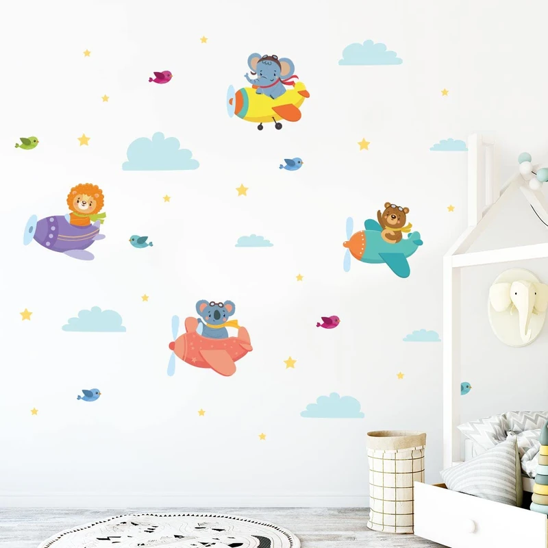 Children's Wall Stickers - Baby Room Decoration - Children's Wall Stickers - Scandinavian Wall Stickers - Aviator Animals - H60 x L90 cm - Image 1