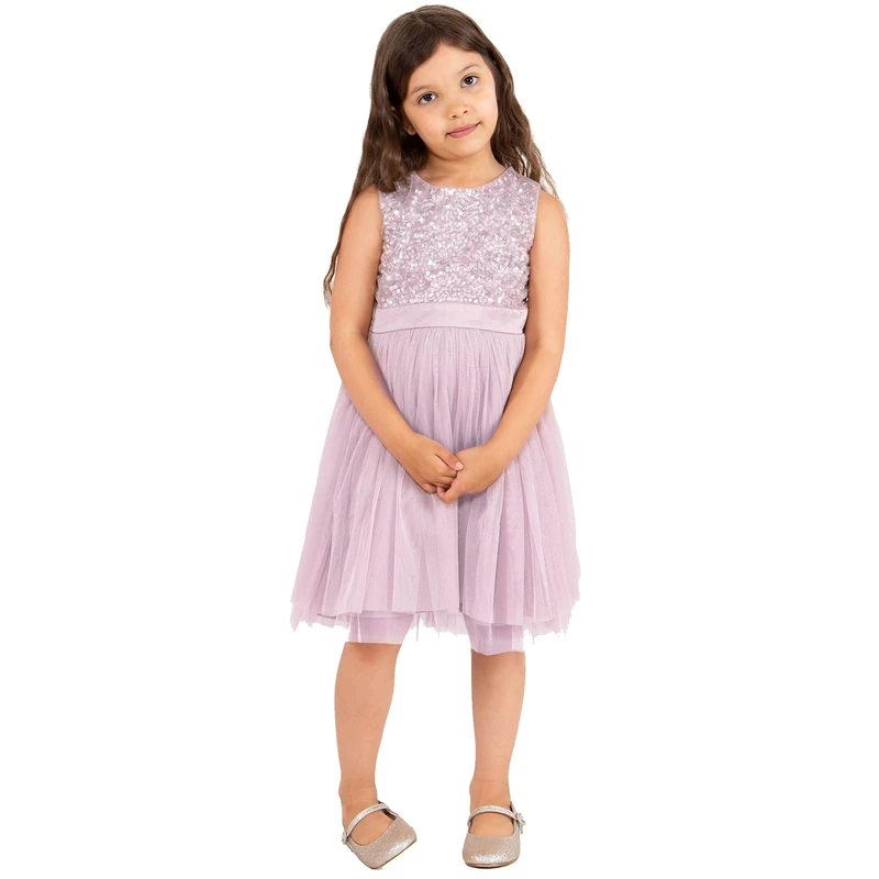 Maya Deluxe Midi Dress for Girls Sequins Embellished Party Tutu Bridesmaids Wedding with Belt Bow Orchid Size 11-12 Years