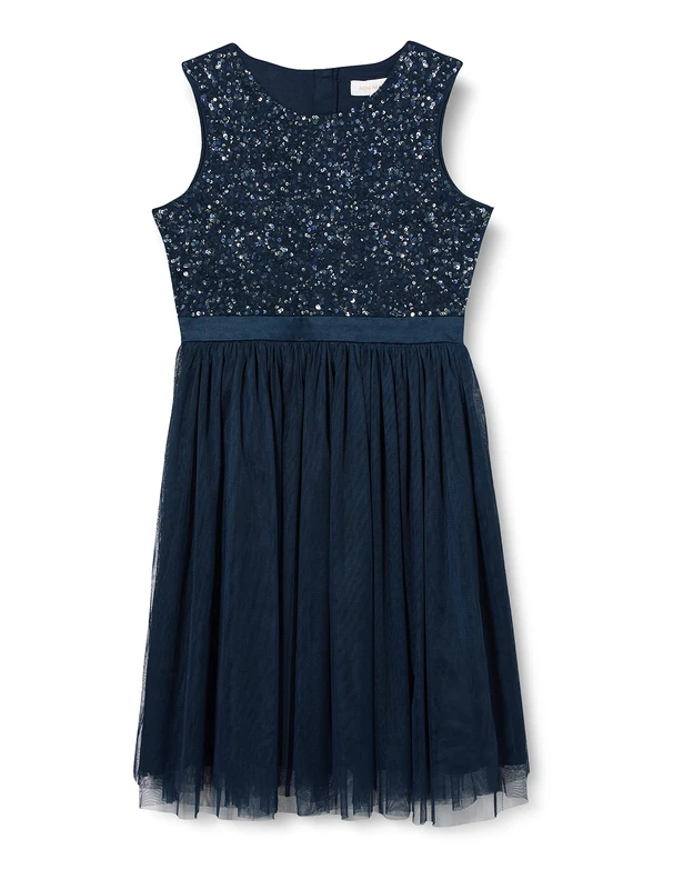 Maya Deluxe Midi Dress for Girls Sequins Embellished Party Tutu Bridesmaids Wedding with Belt Bow Navy Size 7-8 Years
