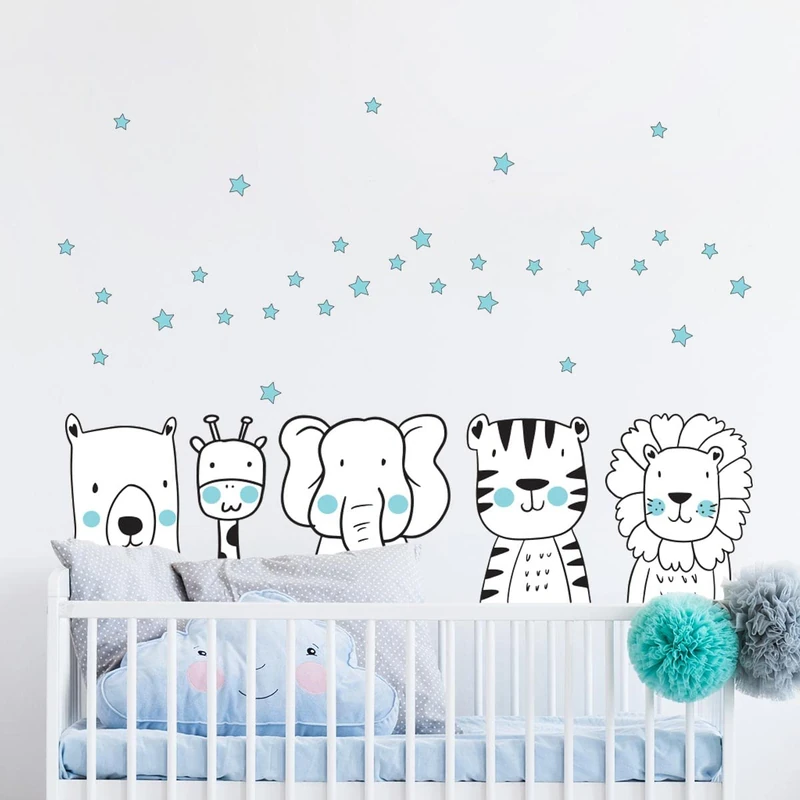 Children's Wall Stickers - Baby Room Decoration - Children's Wall Stickers - Scandinavian Wall Sticker - Funny Tropical Animals - H60 x L90 cm