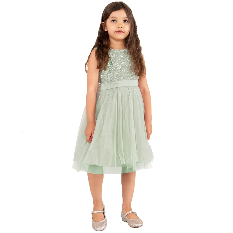 Maya Deluxe Midi Dress for Girls Sequins Embellished Party Tutu Bridesmaids Wedding with Belt Bow Green Lily Size 7-8 Years