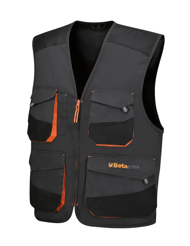 BETA 7907G Men's Work Vest with Zip Front, Black, 100% Nylon 300D, Lining 100% Polyester with Padding, Pockets with Velcro Closure, grey, M
