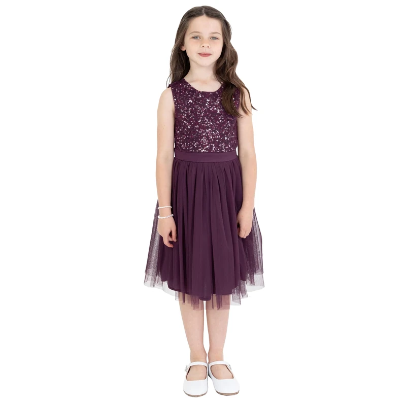 Maya Deluxe Midi Dress for Girls Sequins Embellished Party Tutu Bridesmaids Wedding with Belt Bow Berry Size 7-8 Years