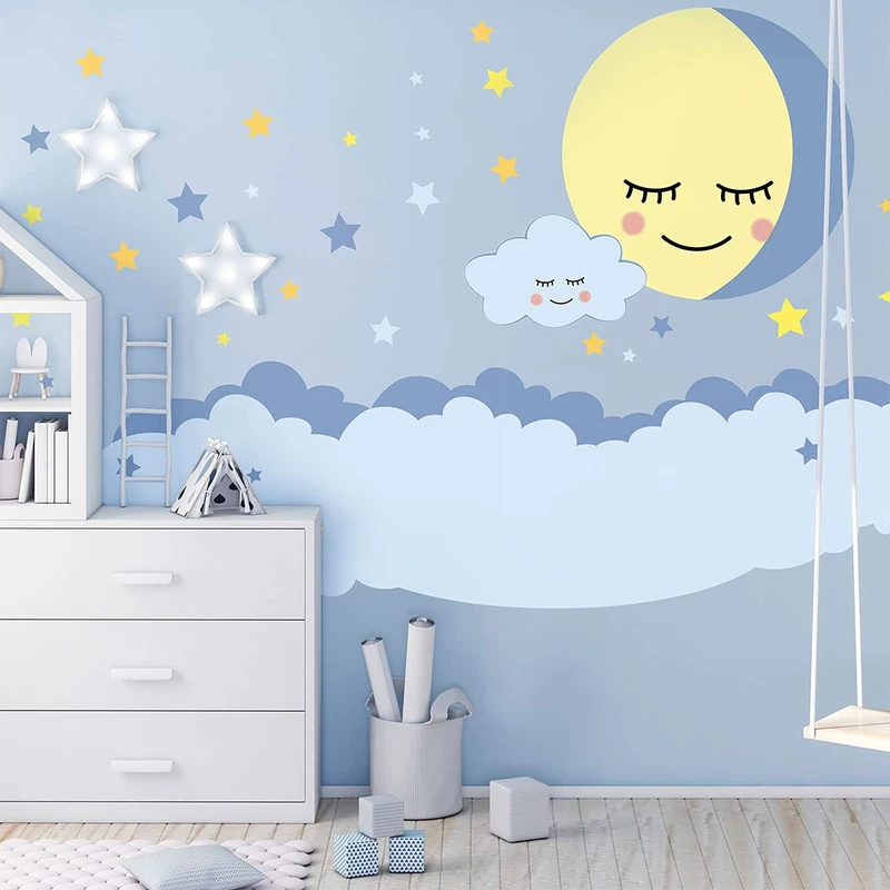 Children's Wall Stickers - Baby Room Decoration - Children's Wall Stickers - Scandinavian Wall Stickers - Giant Cloud and Stars - H120 x L180 cm