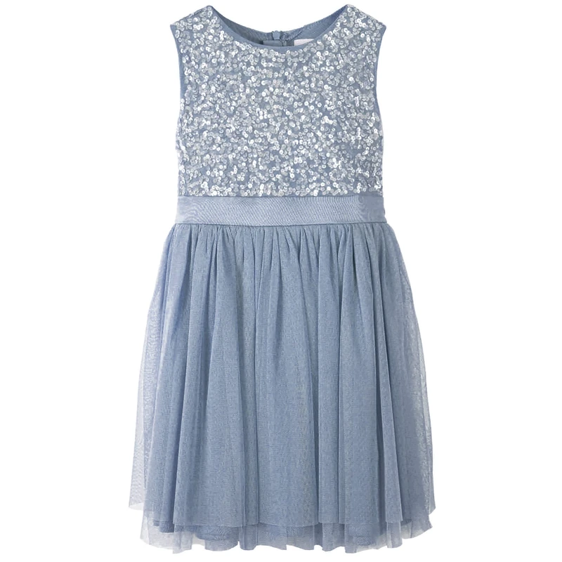 Maya Deluxe Girl's Midi for Girls Sequins Embellished Party Tutu Bridesmaids Wedding With Belt Bow Dress, Dusty Blue, 7-8 Years UK