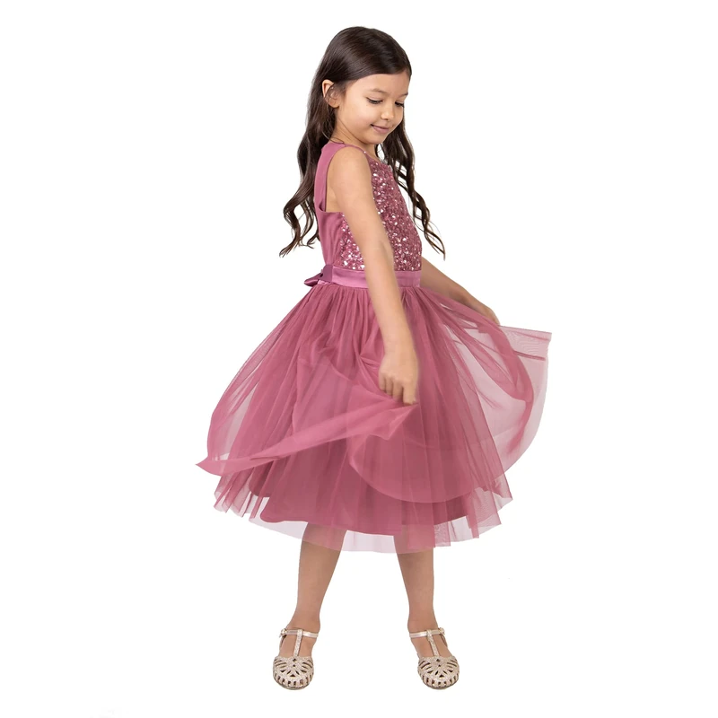 Maya Deluxe Midi Dress for Girls Sequins Embellished Party Tutu Bridesmaids Wedding with Belt Bow Desert Rose Size 3-4 Years