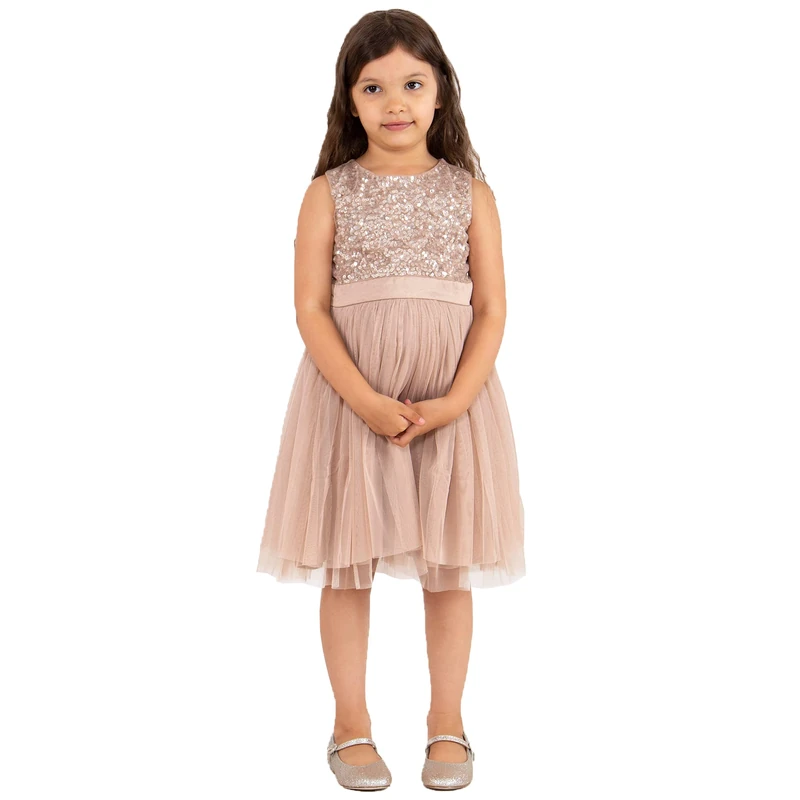 Maya Deluxe Girl's Midi Dress Sequins Embellished Party Tutu Bridesmaids Wedding with Belt Bow, Taupe Blush, 3-4 Years (PL1-11-183)