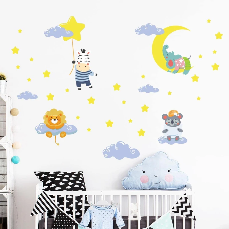 Children's Wall Stickers - Baby Room Decoration - Children's Wall Stickers - Scandinavian Wall Stickers - Animals in Clouds and Stars - H60 x L90 cm