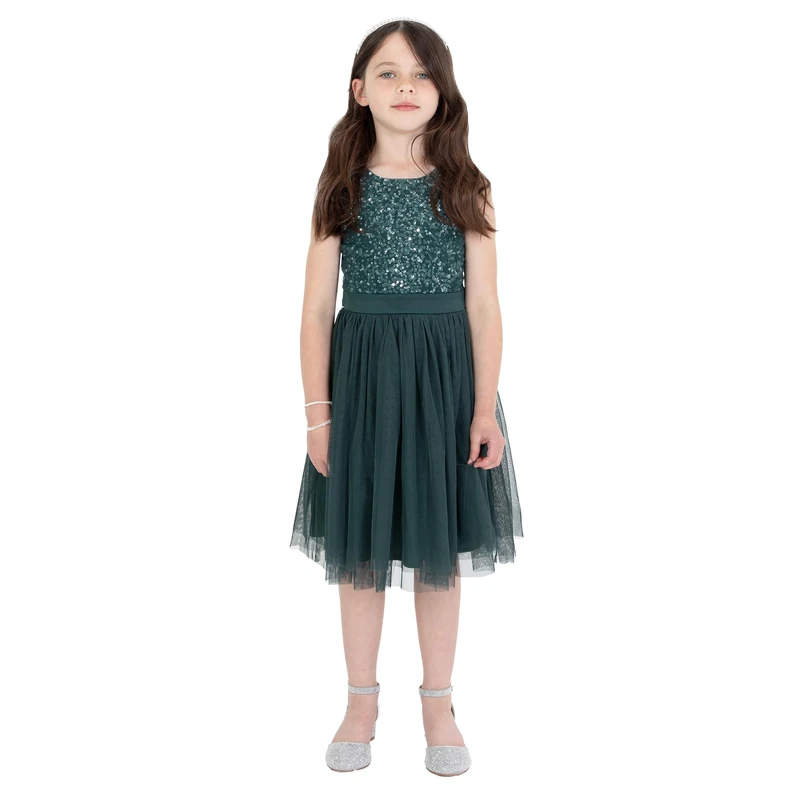 Maya Deluxe Girl's Midi Dress Sequins Embellished Party Tutu Bridesmaids Wedding with Belt Bow, Emerald Green, 5 Years