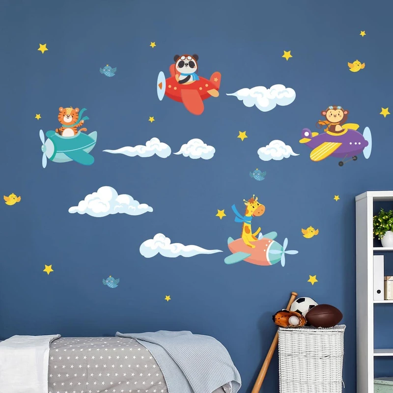 Children's Wall Stickers - Baby Room Decoration - Children's Wall Stickers - Scandinavian Wall Stickers - Animals in Flight - H60 x L90 cm
