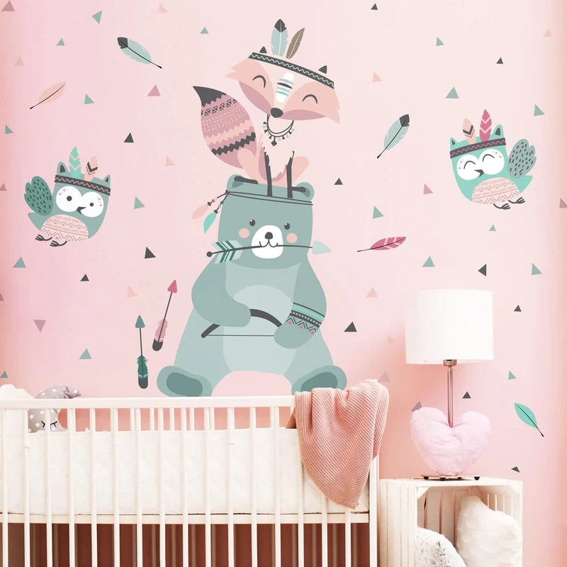 Children's Wall Stickers - Baby Room Decoration - Children's Wall Stickers - Animal Wall Sticker - Bear and Owl Playing Indians - Height 120 x Length 90 cm