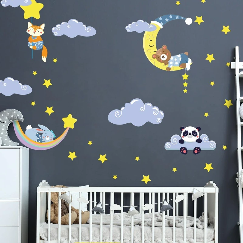 Children's Wall Stickers - Baby Room Decoration - Children's Wall Stickers - Scandinavian Wall Stickers - Animals in The Sky and Clouds - H60 x L90 cm