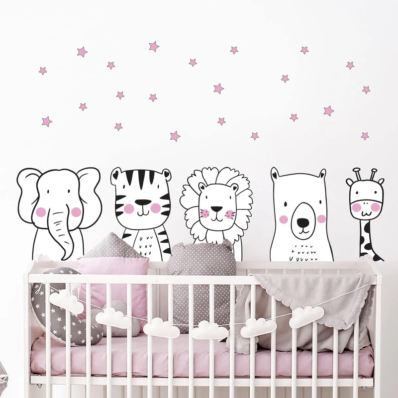 Children's Wall Stickers - Baby Room Decoration - Children's Wall Stickers - Scandinavian Tropical Animals Wall Sticker - H60 x L90 cm