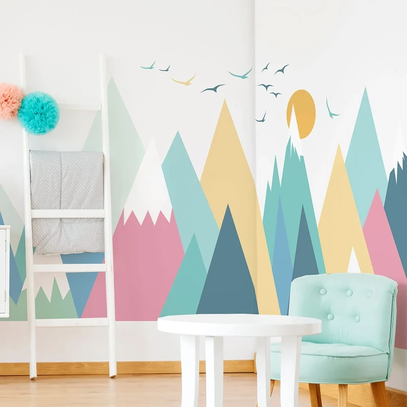 Children's Wall Stickers - Baby Room Decoration - Children's Wall Stickers - Scandinavian Wall Sticker - Giant Scandinavian Mountains Colorika - Height 80 x Length 120 cm