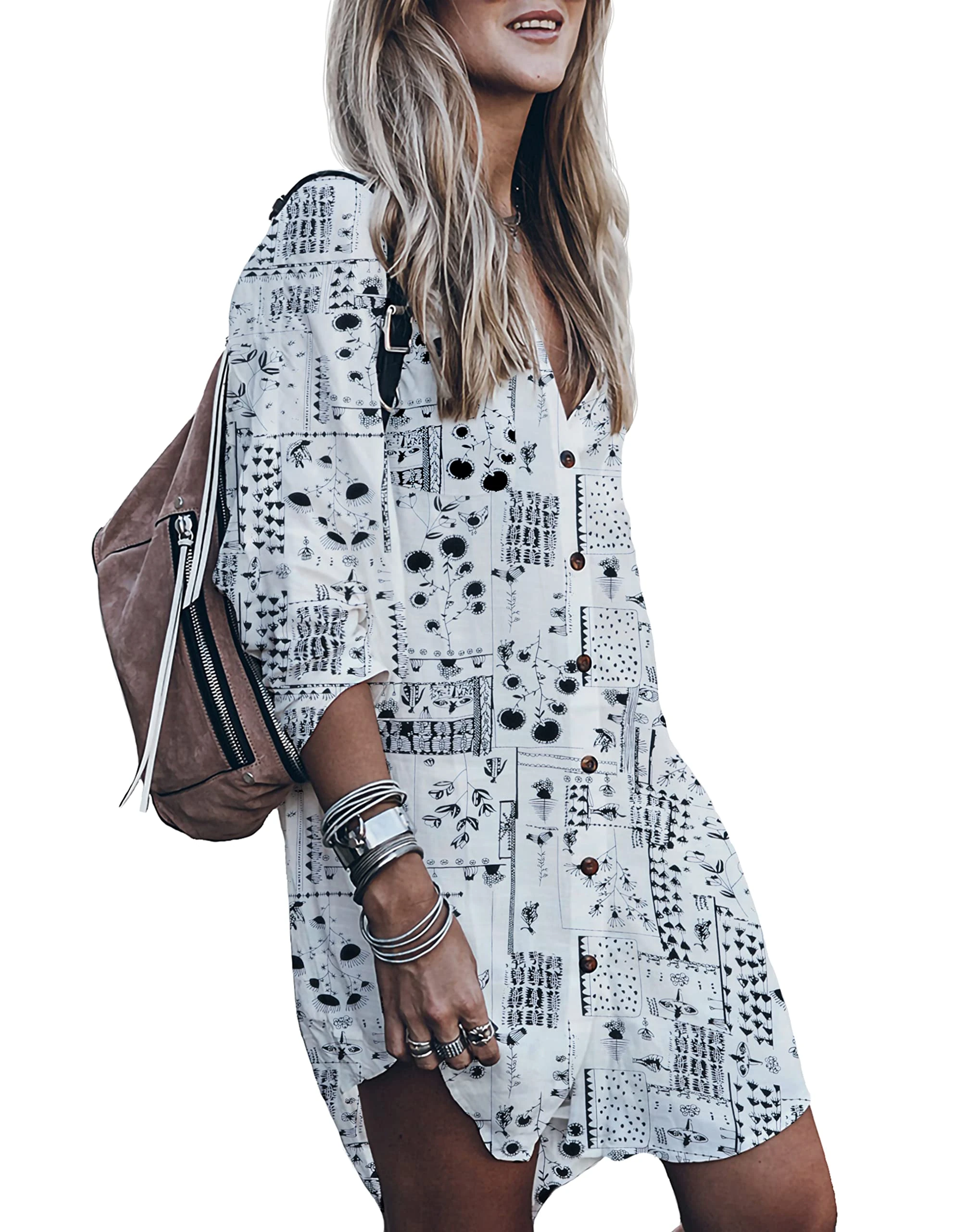 Women’s Swimsuit Cover up,Silky Button Down Shirt Midi Dress Kimono,Summer Bathing Suit Beach Coverups for Women (CP-Aline), Black Plants, XS