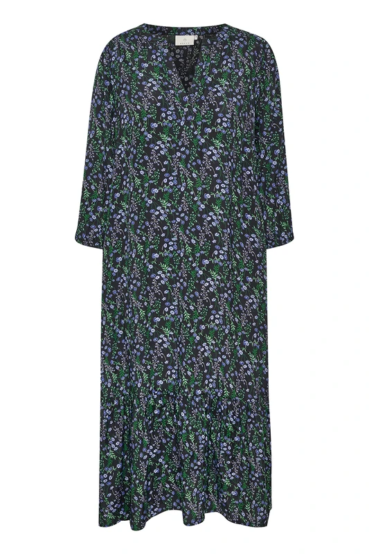 KAFFE Women's Print 3/4 Sleeve Below The Knee Dress Casual, Black/Blue/Green Small Flower, 12