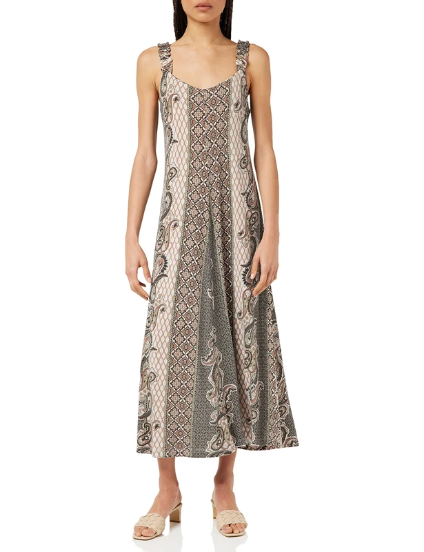 Cream Women's Midi Dress A-Shape Printed Sleeveless Casual, Java Paisly, M