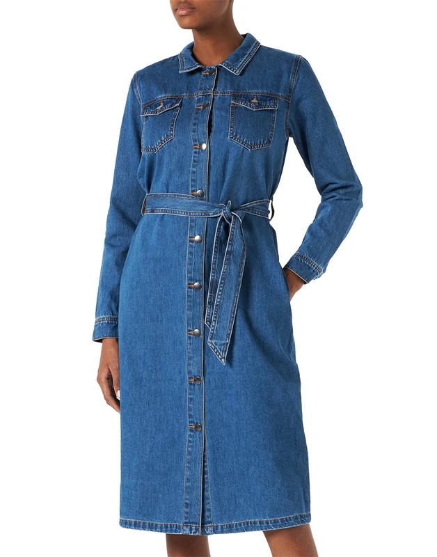 KAFFE Women's Dress Midi Long Tunic Buttoned Tie Waist Casual, Denim Blue, 10