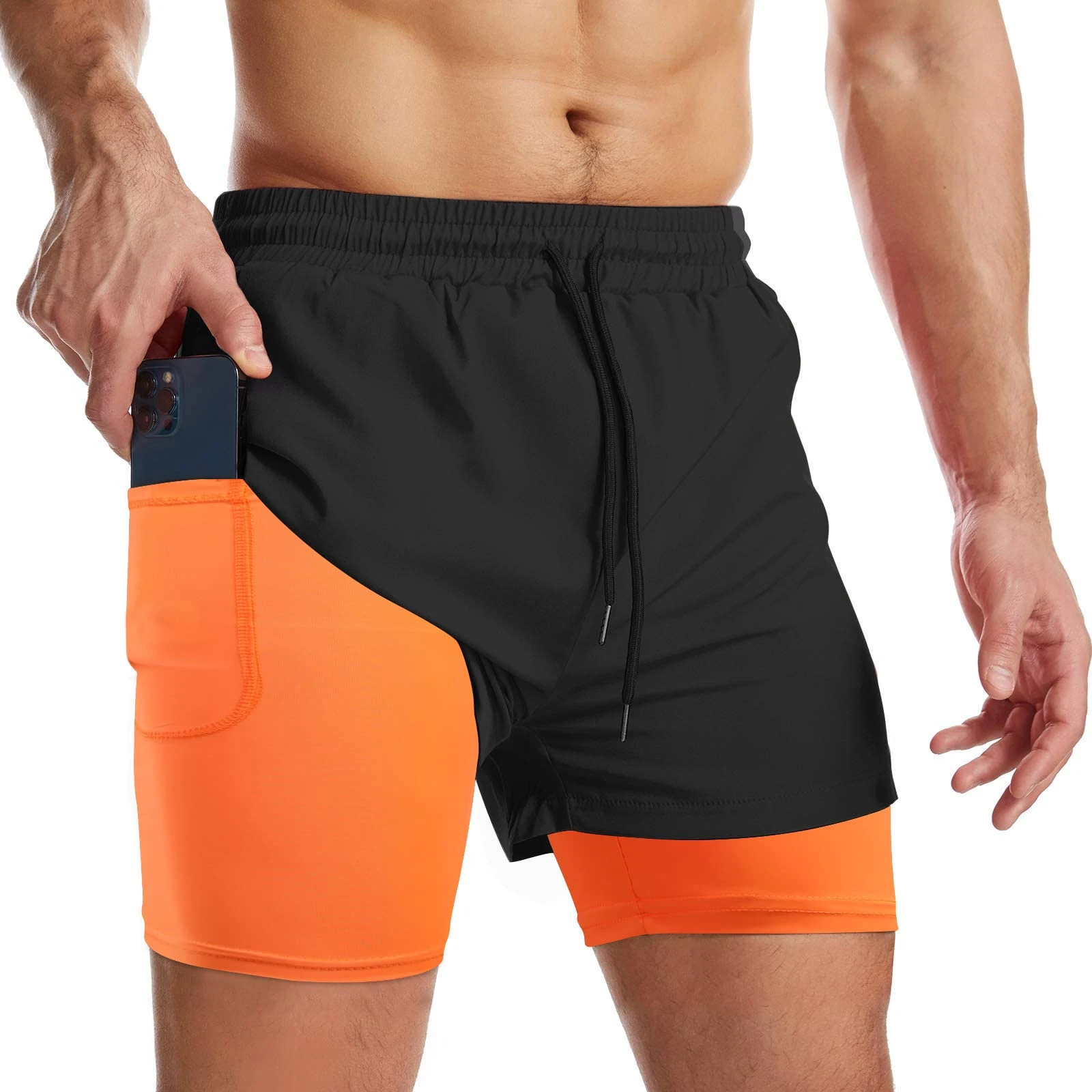 Danfiki Men Running Shorts Men's Shorts Workout with Phone Pocket 2 in 1 Gym Training Shorts Lightweight Quick Drying (M, Black Yellow)