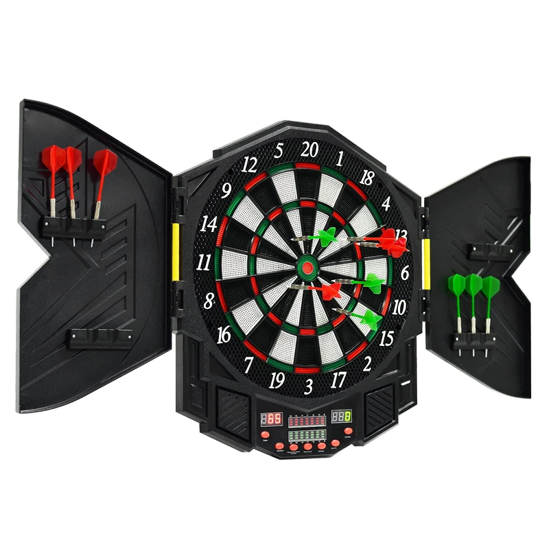 GYMAX Electronic Dart Board Set, Professional Hanging Dartboard with 12 Soft Tip Darts, Cabinet and LED Display, Aileron Target Dartboards for Adults