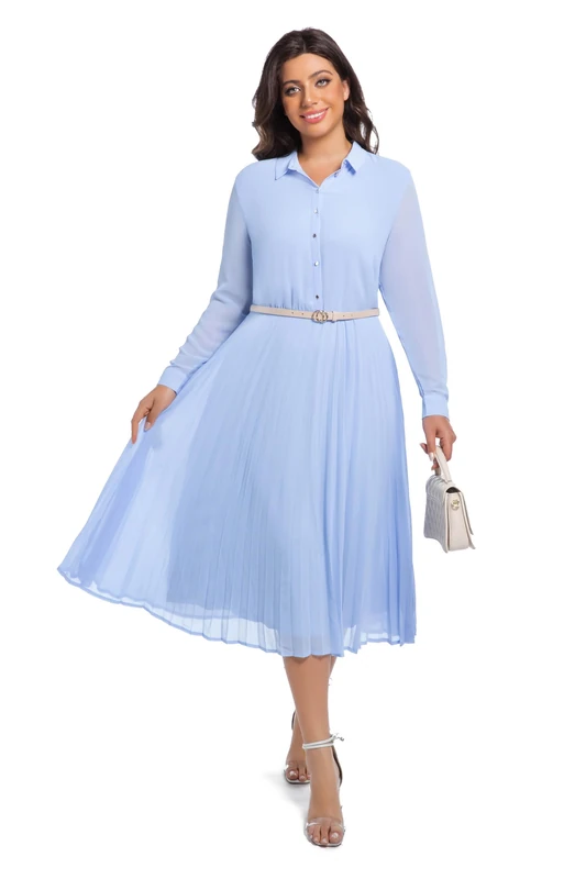 AbleTree Business Casual Shirt Dress for Women Long Sleeves Pleated Midi Dresses with Belt, Sky Blue, Medium