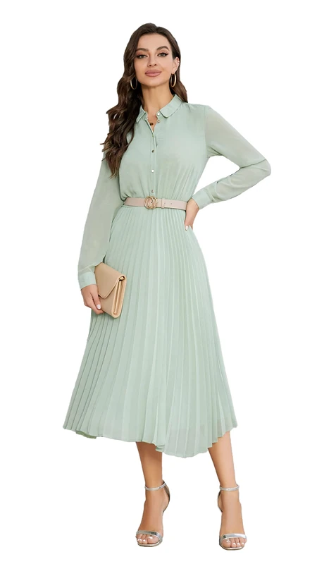 AbleTree Business Casual Shirt Dress for Women Long Sleeves Pleated Midi Dresses with Belt, Mint Green, Medium