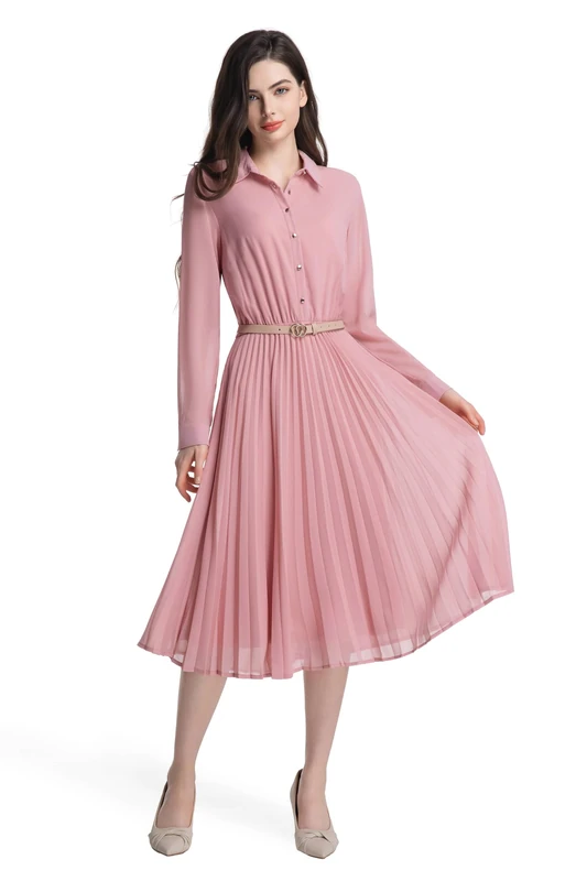 AbleTree Business Casual Shirt Dress for Women Long Sleeves Pleated Midi Dresses with Belt, Blush Pink, Medium