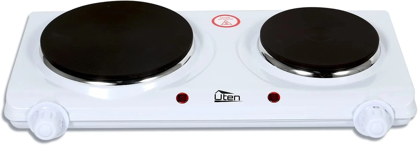 Hot Plates, Uten Double Hotplate, Stainless Steel Premium Hotplate, 5 Levels Separate Thermostat Control, Control Lights, High Stability, 1900-2250W Hotplates, White
