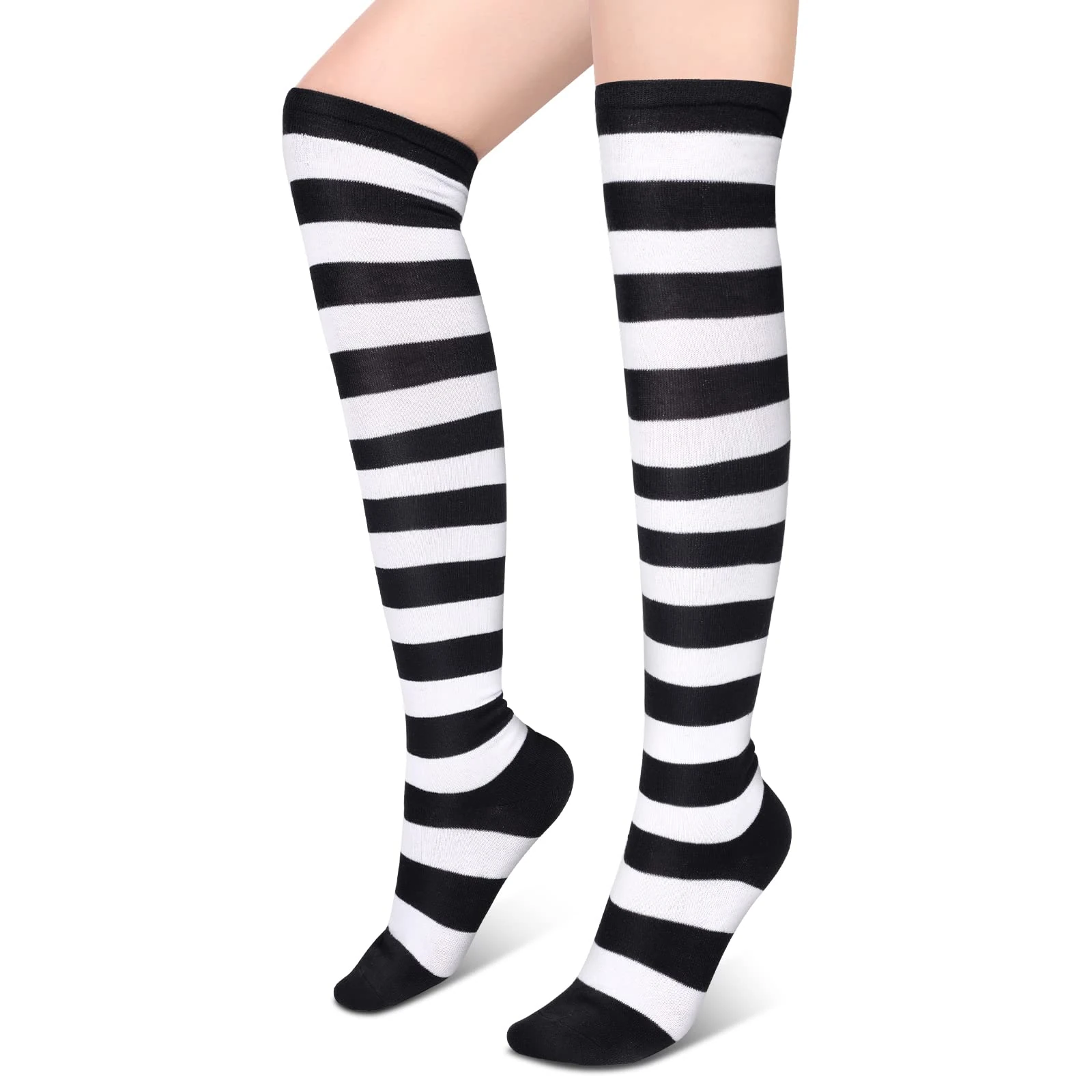 Blulu Striped Over Knee Thigh High Socks for Women Girls Ladies Costume Halloween Party Supplies Striped Tights Stockings(Black White)