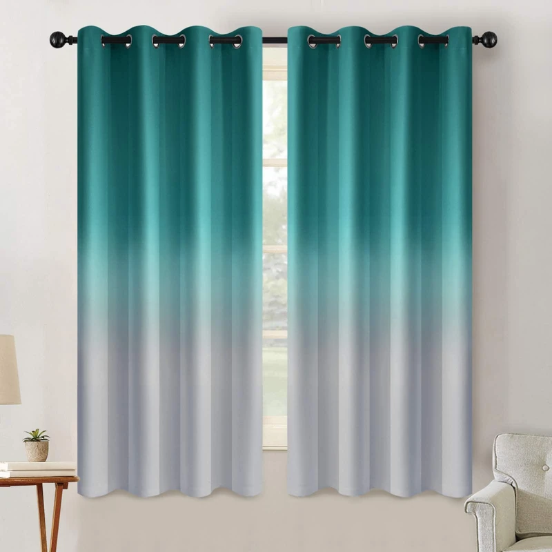 SimpleHome Ombre Room Darkening Curtains for Living Room, Light Blocking Gradient Teal to Grey White Thick Thermal Insulated Grommet Window Curtains/Drapes for Bedroom, 2 Panels, 52x63 inches Length