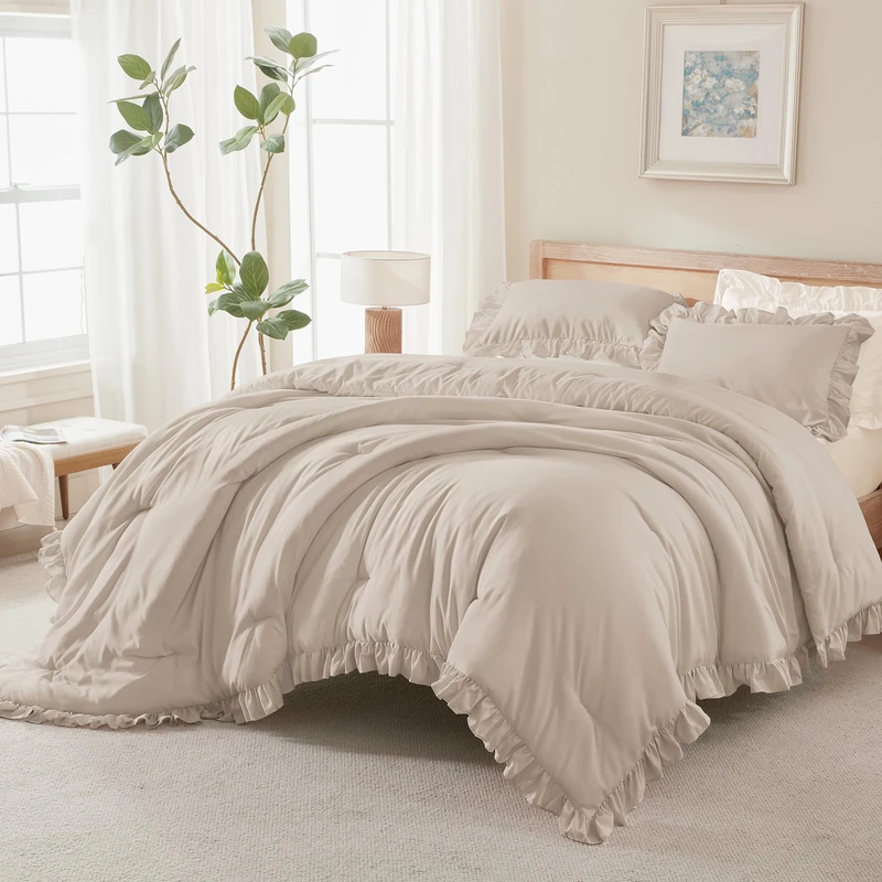 Andency Khaki Queen Comforter Set, 3 Pieces Farmhouse Shabby Chic Bedding