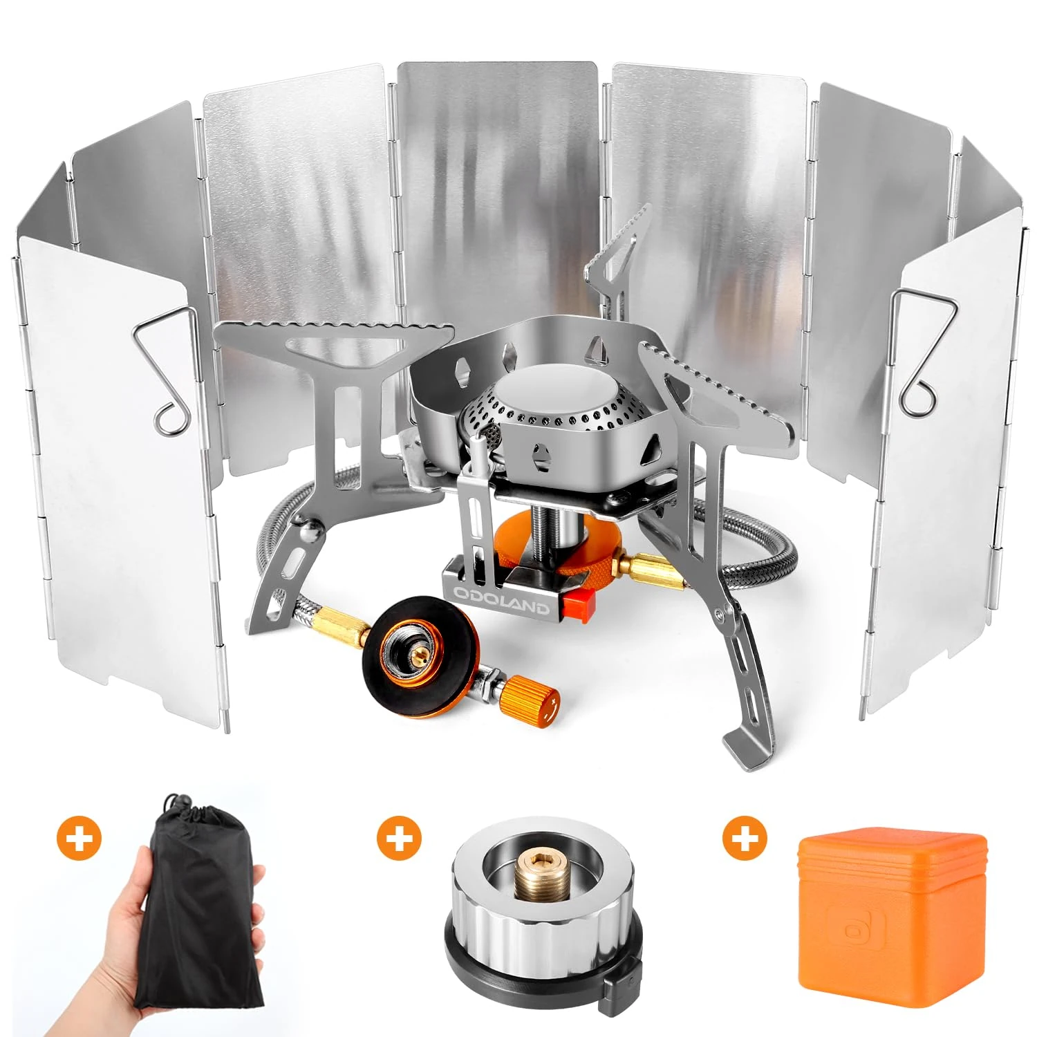 Odoland 3500W Windproof Camping Stove with Folding Windscreen and Fuel Canister Adapter, Portable Collapsible Camp Gas Stove Burner Outdoor Backpacking, Hiking Trekking and Picnic