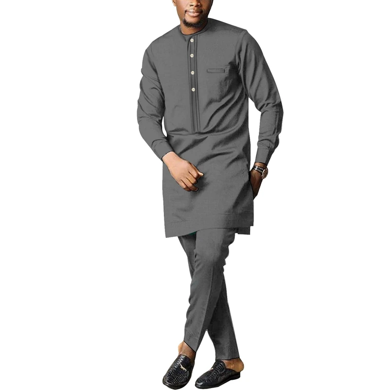 SEA&ALP African Men's Formal Clothes Dashiki Shirt and Pant Two Piece Suit Traditional Long Sleeve Outfits, Dark Grey, M