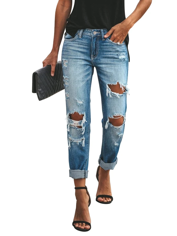 KUNMI Women's Ripped Mid Waisted Boyfriend Jeans Loose Fit Distressed Stretchy Denim Pants, 1010-blue, Medium