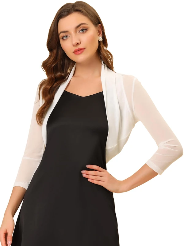 Allegra K Women's 3/4 Sleeve Sheer Mesh Shrug Open Front Cropped Bolero Cardigan, White, S - Image 1