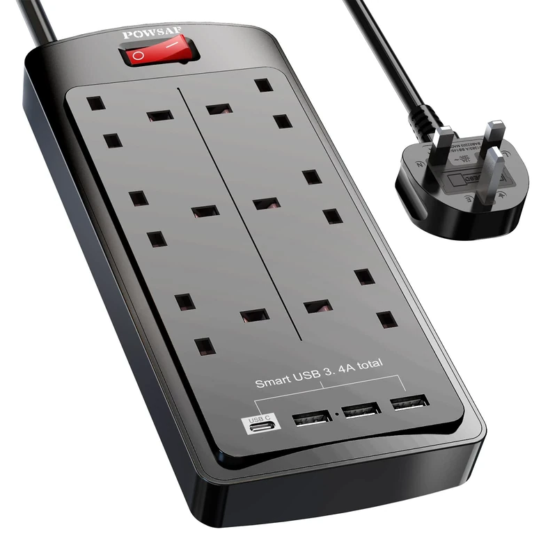 POWSAF 6 Way Extension Lead with 4 USB Slots (3.4A, 1 Type C and 3 USB-A Ports),Power Strip Extension Cord with 6 Plug Extension Socket and 2M Extension Cable for Home Office Travel,Black