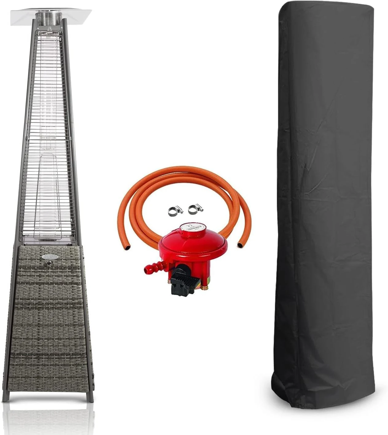 BU-KO Outdoor Patio Gas Heater, Garden, Camp, BBQ Parties, Grey Rattan Pyramid Style 13kw Propane Heater, Portable Wheels, Regulator & Hose | LPG Warm Heating Fire & Water Proof Cover Included