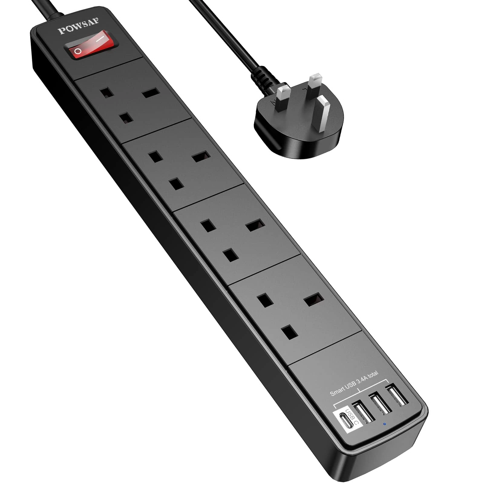 POWSAF Extension Lead with 4 USB Slots (3.4A, 1C and 3A Ports),Power Strip Extension cord with 4 way plug extension Socket and 2M Extension Cable for Home Office Travel holiday essentials,Black