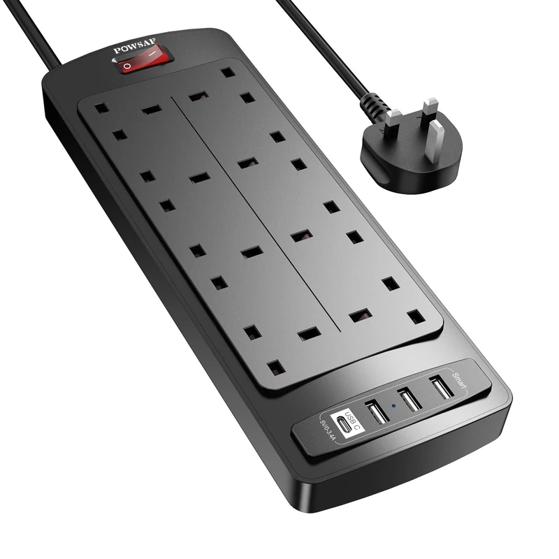 POWSAF Extension Lead with 4 USB Slots (3.4A, 1 Type C and 3 USB-A Ports),Power Strip Surge Protector with 8 way plug extension Socket and 2M Extension cord for Home Office Travel,Black