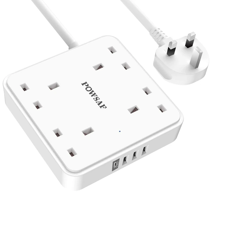 POWSAF 4 Way Extension Lead with 4 USB Slots (3.4A, 1 Type C and 3 USB-A Ports),Power Strip Extension Cord with 4 Plug Extension Socket and 2M Extension Cable for Home Office Travel,White