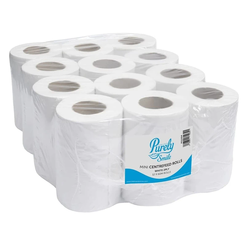 Blake & White 2 Ply, 60m Mini Centrefeed White Tissue Rolls 12 Pack - Purely Smile Paper Towel Roll for Wiping Surfaces & Drying Hands - Strong & Ultra Absorbent Tissue Paper Roll | PS1204