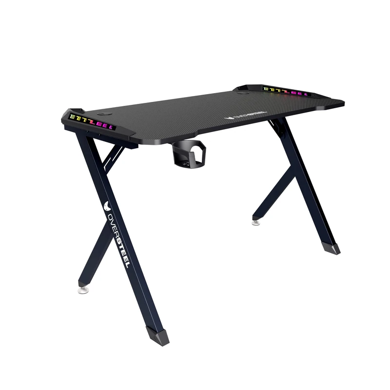 Oversteel - Vitallium Gaming Table 120x60x75 cm, RGB LED Light, Carbon Fiber Surface, Ergonomic, Cup and Headset Holder, Computer Desk, Black