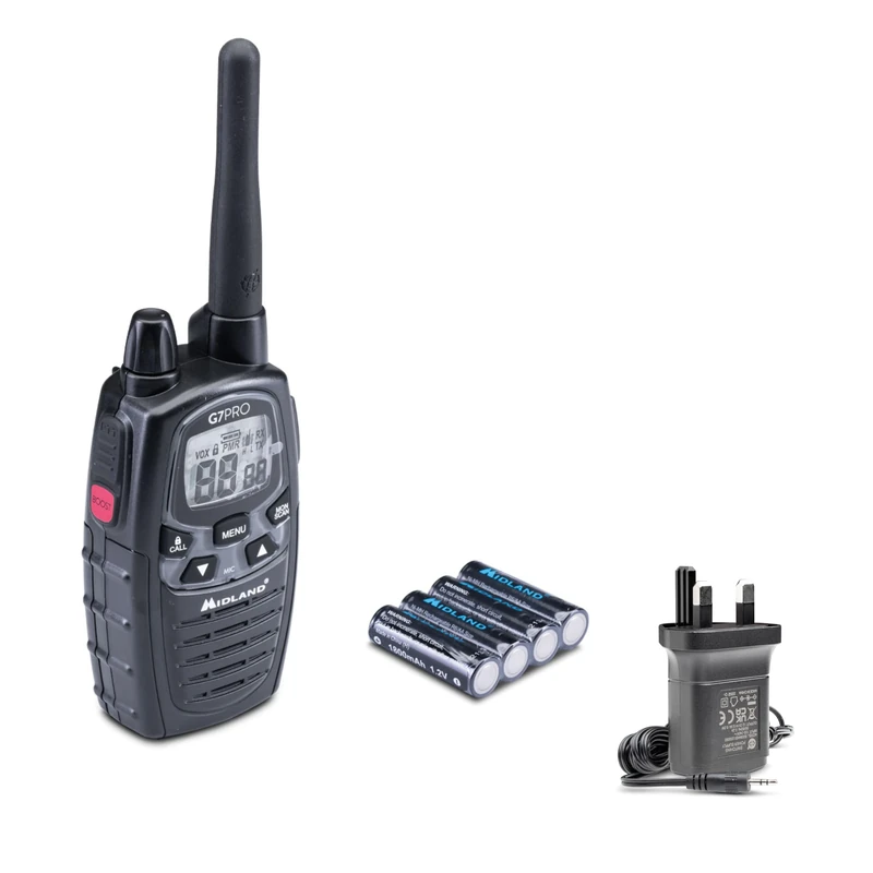 Midland - G7 PRO Walkie Talkie, UKCA Certified Walkie Talkies for Airsoft & Outdoor, UK Plug, 2 Way Radio 85 Channels - 16 PMR446/69 LPD Licence-Free, 10Km Range, 18H Battery, Rechargeable Batteries