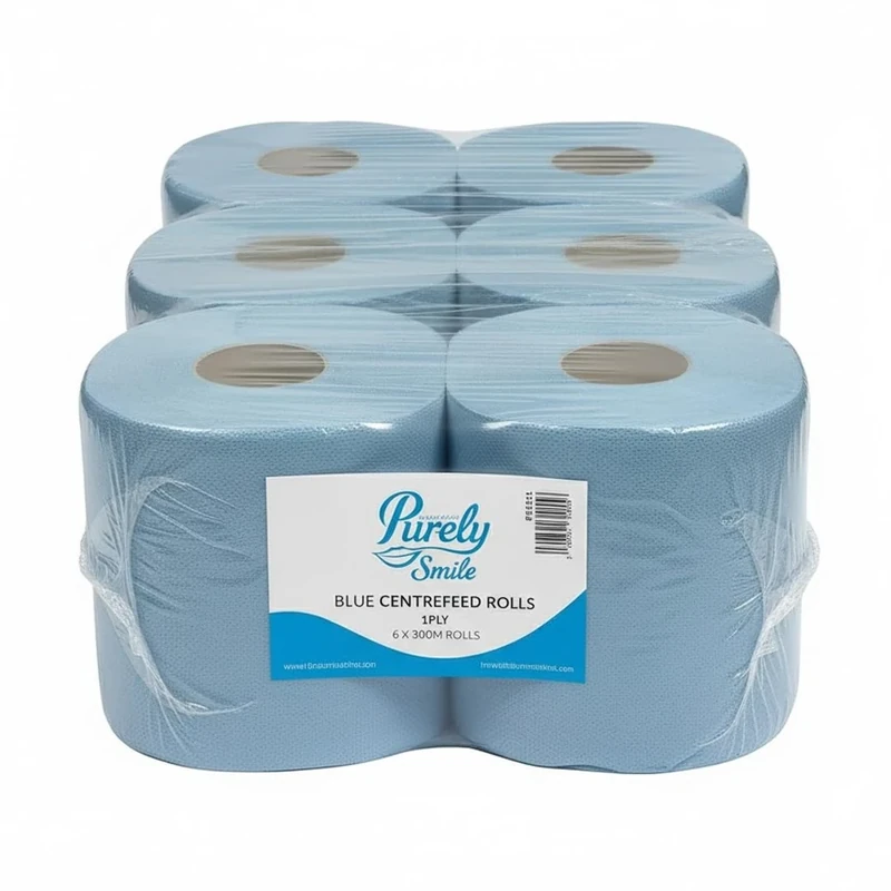 Blake & White Centrefeed Blue Roll - Purely Smile 1 Ply Tissue Roll for Wiping Surfaces & Drying Hands - Strong & Ultra Absorbent Blue Rolls 6 Pack - 300m Per Roll