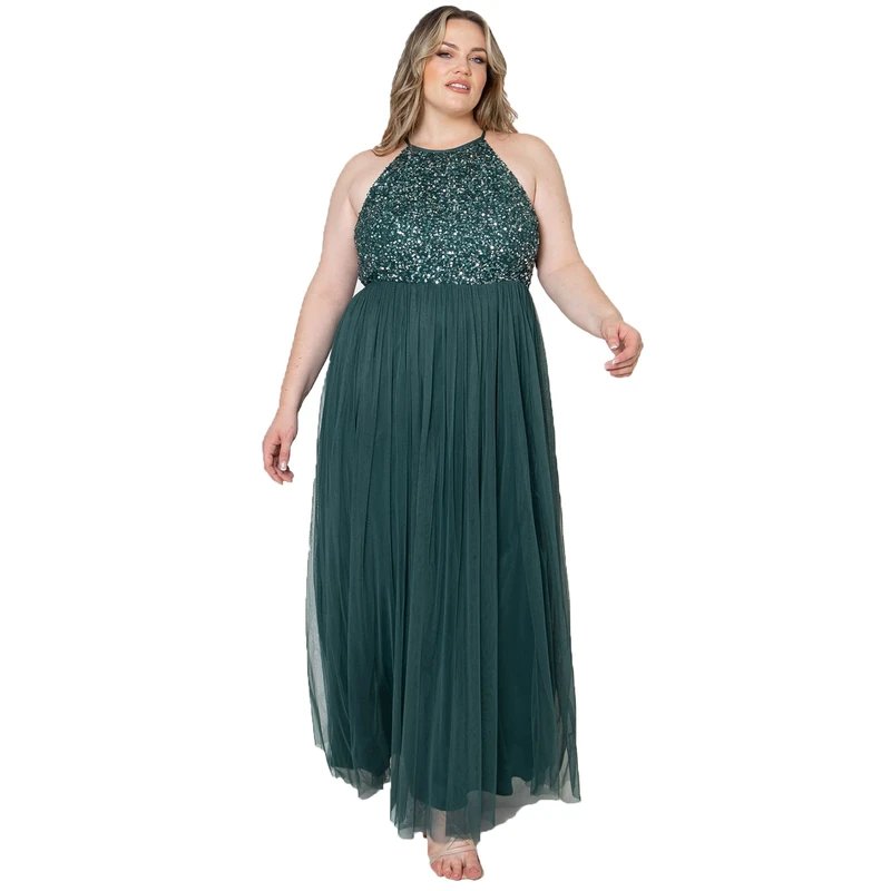 Maya Deluxe Women's Ladies Bridesmaid Maxi Dress Halter Neck Sequin Embellished Prom Graduation Wedding, Emerald Green, 8