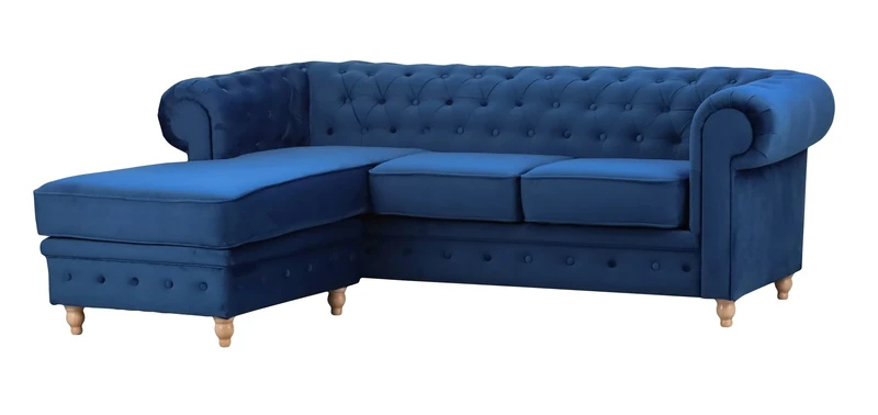 Windsor Chesterfield style Blue French Velvet fabric Corner Sofa Armchair (Left Hand Corner)