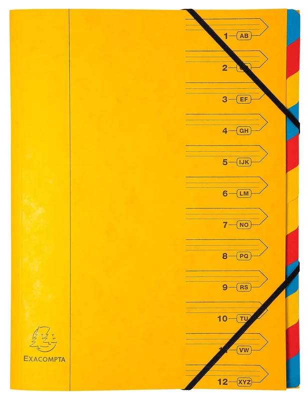 Exacompta - Ref 54129E - Box of 8 File folders with stapled Spine - with Elastic Bands - Printed in Glossy Card and Recycled Card Inside - 12 compartments - Size 24.5X 32cm - for A4 - Yellow