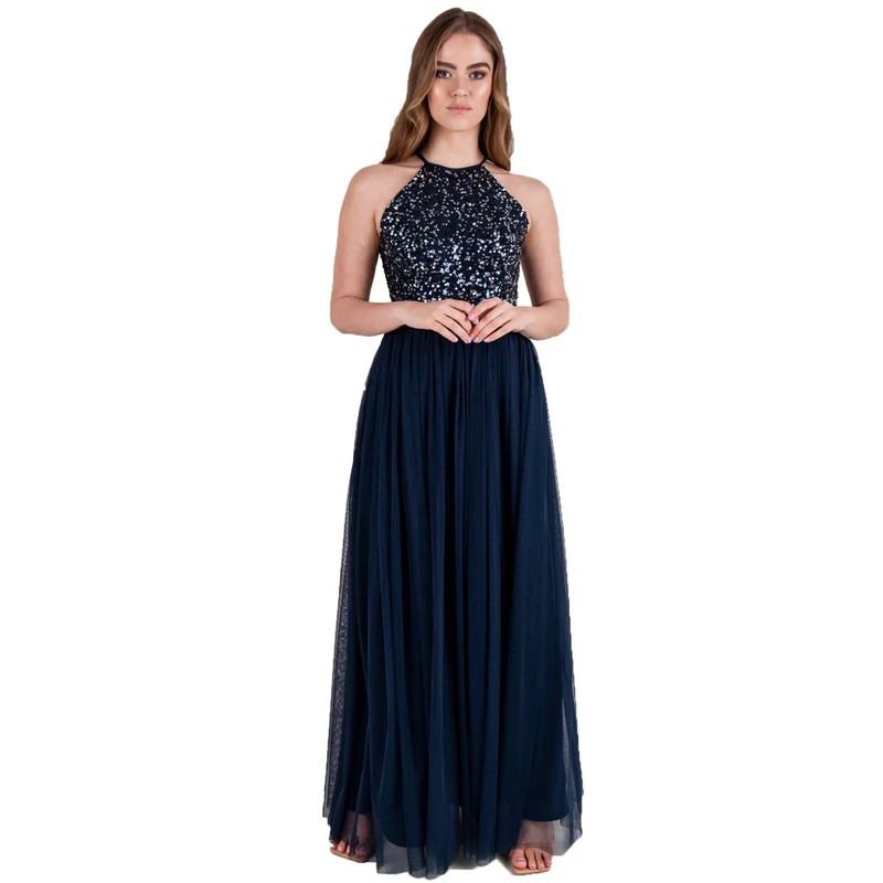 Maya Deluxe Women's Ladies Bridesmaid Maxi Dress Halter Neck Sequin Embellished Prom Graduation Wedding, Navy, 24