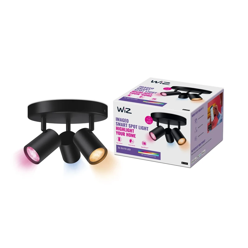 WiZ Colour Imageo Smart Connected WiFi Ceiling Light Spot Fixture. [3 Spot - Black Rectangle] App Control for Indoor Home Lighting, Livingroom and Bedroom