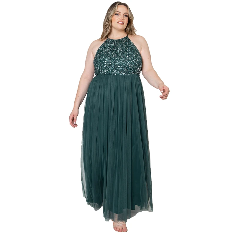 Maya Deluxe Women's Ladies Bridesmaid Maxi Dress Halter Neck Sequin Embellished Prom Graduation Wedding, Emerald Green, 6